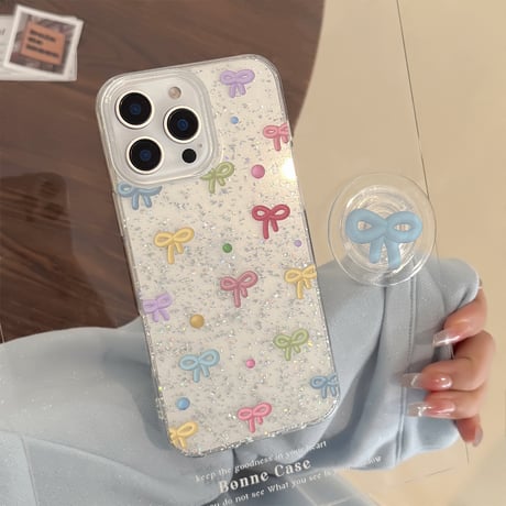 大人可愛い iPhone16/16proケース リボン グリップ付き iPhone14/13pro/12proカバー ラメ入り キラキラ[M5164]
