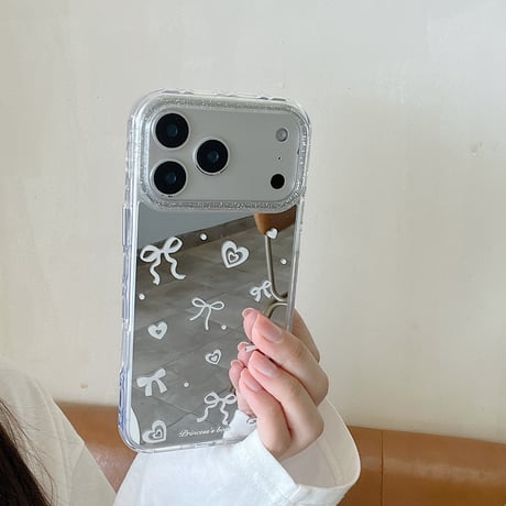 リボン/ハート柄 ミラー iPhone17Pro/17ケース キラキララメ iPhone17Promax/16Pro/15ケース メイク直しに便利[M6241]
