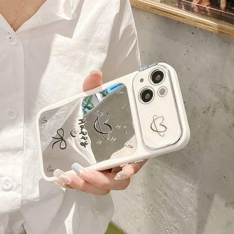 韓国風 鏡付iPhone15/15プロカバー Lucky/Happy iPhone14pro/13/12ケース お揃い 便利 [M4364]