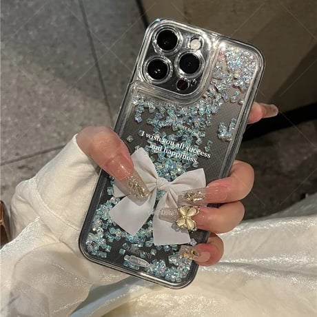動くダイヤ入り iphone17Pro/17ケース  リボン柄 アイフォン16/15promax/14/13/12/11カバー  女子力高い ギフトにおすすめ[M5772]