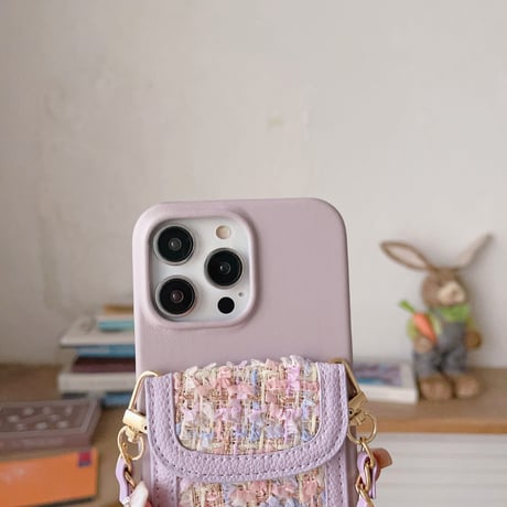 ツイードカード入れ iPhone15/14proケース セレブ愛用 レザーアイフォン12/13pro/11カバー ショルダーストラップ付 高級感 [M3497]