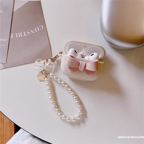 淡色系 Airpods 4ケース リボン ベージュ色 Airpods3/2カバー Airpodspro2/pro  パールストラップ付 めっちゃ可愛い[M5033]