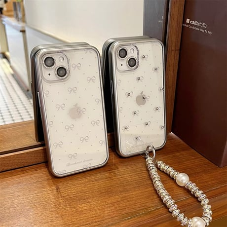 おしゃれストラップ付 iphone15/14proケース  リボン柄  iphone13pro/12/11カバー 黄ばまない 可愛い きれいめコーデ[M4331]