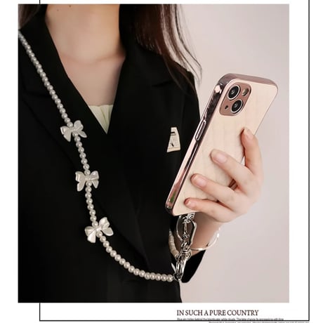 真珠ショルダーストラップ付 iPhone15/15Proケース レザーキルティング iPhone14/13/12ケース 高品質 大人気[M3713]