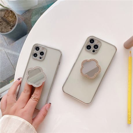 ミラーポップソケット付 iphone12/11ケース  スタンド 透明iphoneXS/SE2カバー  軽量持ちやすい ツヤ感ありファッションM418