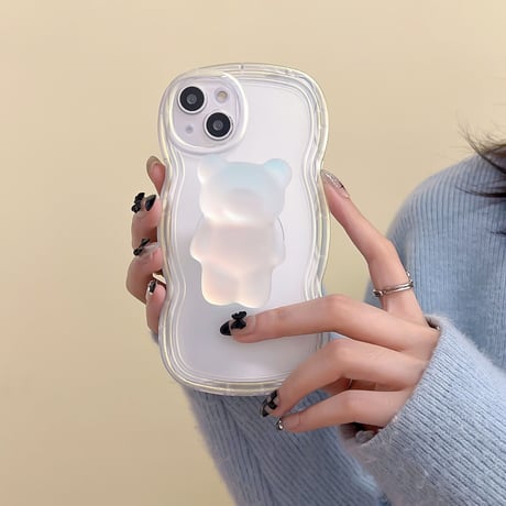 【iPhone15対応】クマさんスタンド iphone14/13proケース  クリアiphone12/11カバー 波紋枠 高級感 可愛い 実用[M2215]