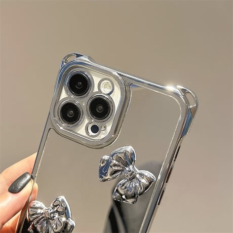 リボン付鏡 iPhone16/16proケース バックチャーム/ショルダーストラップ付 iPhone15pro/14/13カバー  人気アイテム[M5427]