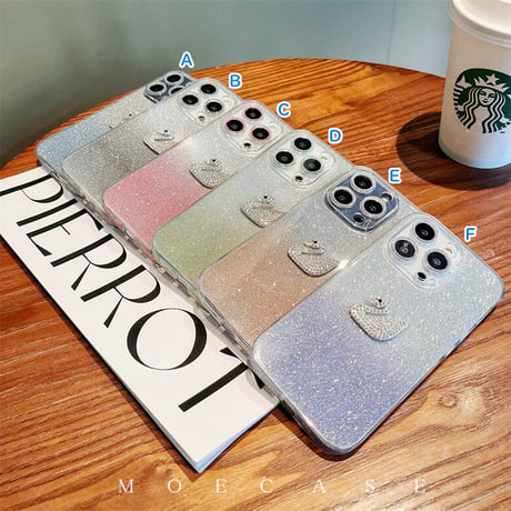 ジュエリーハクチョウ iPhone14/15Proケース 豪華 アイフォン13/12/11カバー ラメ入りシール カメラレンズフイルム付き 綺麗 お洒落[M2743]
