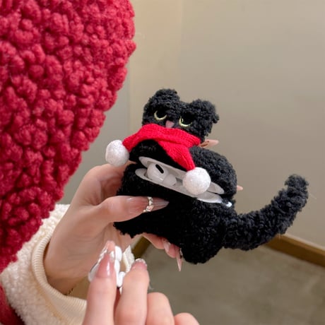 黒猫 Airpods 4 ケース  マフラー めっちゃ可愛い  AirpodsPro2/Pro1カバー  Airpods3/2  ラムウール プレゼントにおすすめ[M4775]