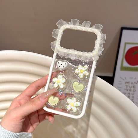 レース iPhone17/17Proケース 花/ハートデコ キラキラ感 iPhone16Pro/15/14ProMaxカバー 可愛い 女子ファッション [M6200]