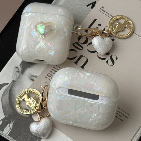 女子力アップ Airpods3/pro2ケース  かわいいシェル風 キラキラハートAirpods2/proカバー チャーム付 可愛い ギフトに最適[M4416]