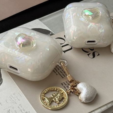 女子力アップ Airpods3/pro2ケース  かわいいシェル風 キラキラハートAirpods2/proカバー チャーム付 可愛い ギフトに最適[M4416]