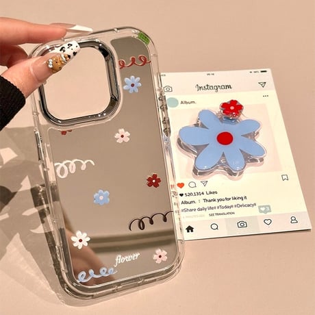 花柄 ミラー iPhone17pro/17ケース 花のグリップ iPhone16/15promax/14ケース かわいい 多機能便利[M6169]