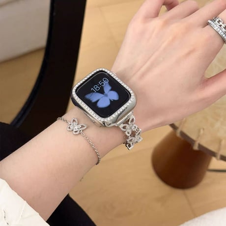 天然石ジルコン AppleWatchバンド 蝶透かし彫り AppleWatchベルト Ultra3/2/1 Series 11/10/9/8 SE3/2  高品質高級感 ブレスレット‌[M6210]