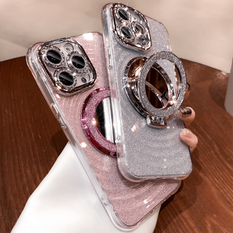MagSafeリング鏡付 iPhone16/15proケース キラキラスタンド付 iphone14pro/13/12カバー 便利 レンズフイルム付[M4207]