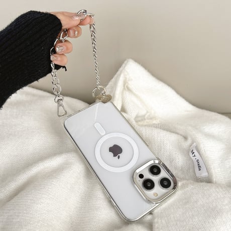 ストラップ付 MagSafe対応iPhone15/15proケース 黄ばまないクリアiPhone14pro/13/12カバー シンプル風 高級感[M4062]