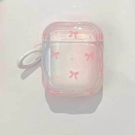 リボン柄 Airpods 4ケース グラデーションカラー ガーリーファッション Airpods3/2カバー Airpodspro2/pro リング/リボンキーチェーン うねうね[M4937]