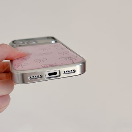 リボン柄 iPhone17/17Proケース ピンクカラー iPhone16Pro/15ProMax/14カバー キュート 女子力高い[M5914]