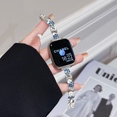 高級感花 Applewatchバンド ストーンデコ きれいアップルウォッチバンド Ultra2/1/SE2/1/Series9/8/7/6/5 ガールズファッション[M5312]