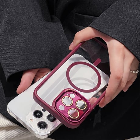 黄ばまないMagSafe iPhone15pro/15promaxケース ガラスレンズフィルム付 iPhone14Pro/13proケース  シンプル高級感 金属ボタン [M3824]