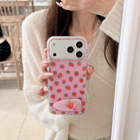 ストロベリー iPhone17pro/17ケース スタンド iPhone16promax/15proケース オシャレ 甘いコーデ 女子力高い[M6142]