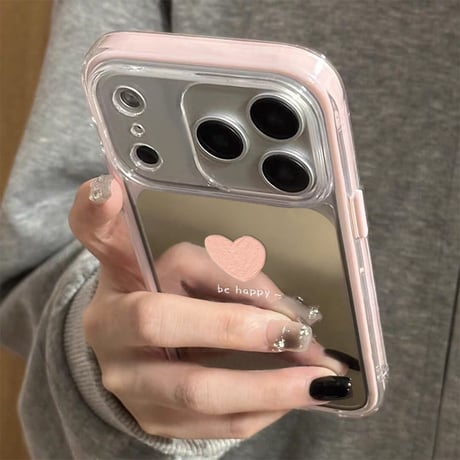 ミラー アイフォン17/17プロケース ハート柄 iPhone17Promax/16Pro/15ケース 光沢感 丈夫 ピンク/ブルーライン[M6052]