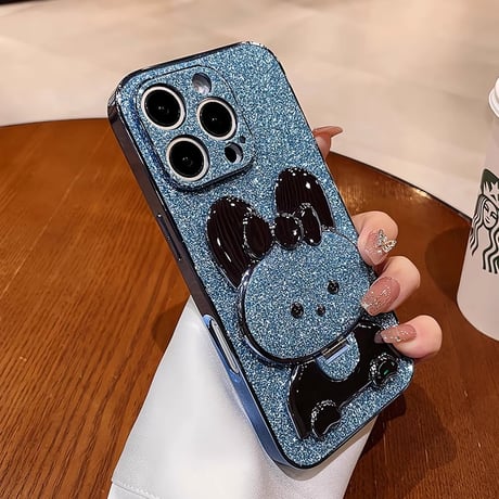 ウサギ鏡兼スタンド iPhone16/16Proケース  キラキラ iPhone15pro/14/13Proカバー 可愛い 多機能 耐衝撃[M4929]