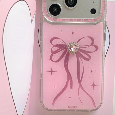 ピンクハートダイヤ iPhone17Pro/17ケース リボン柄 iPhone17Promax/16Pro/15ケース キラキラ かわいい[M6141]