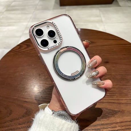高級感 iPhone16pro/16ケース ラメ入り虹色リングスタンド iPhone15promax/14proカバー ジュエリーデコ 高透明高品質 [M5275]