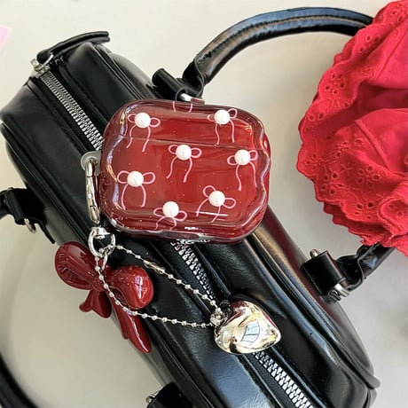 ワインレッド Airpods4ケース パールリボン  Airpods3/Pro2ケース airpodspro2カバー  キーチェーン付 女子力高い 上品[M5119]