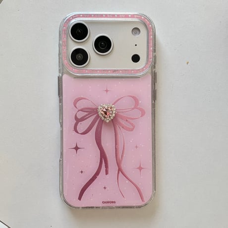 ピンクハートダイヤ iPhone17Pro/17ケース リボン柄 iPhone17Promax/16Pro/15ケース キラキラ かわいい[M6141]