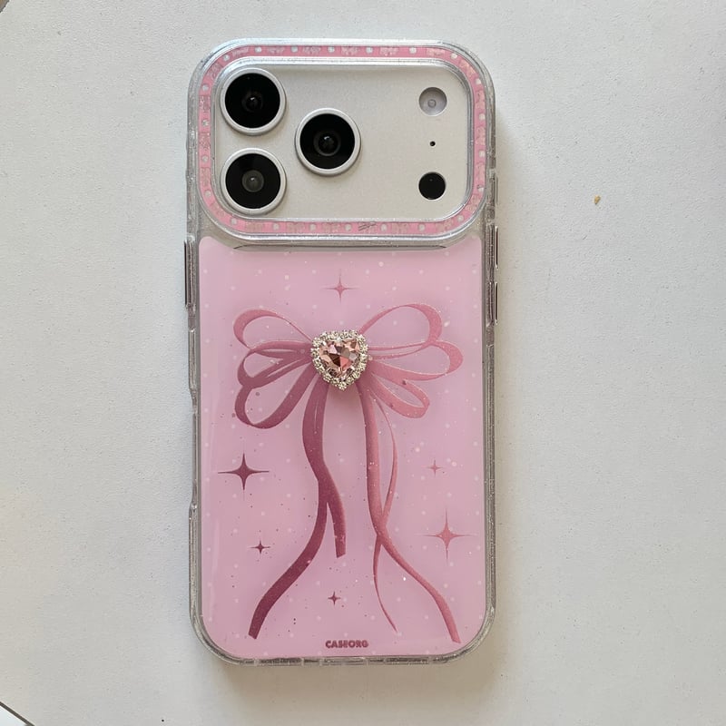 ピンクハートダイヤ iPhone17Pro/17ケース リボン柄 iPhone17Promax