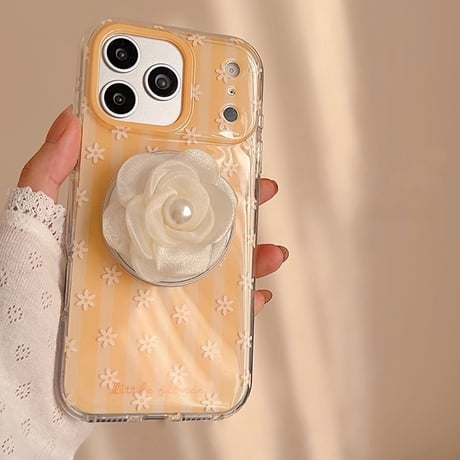 マグネット花グリップ iPhone17Pro/17ケース MagSafe対応 iPhone17ProMax/16/15Proカバー 韓国っぽい エレガント イエロー  [M5850]