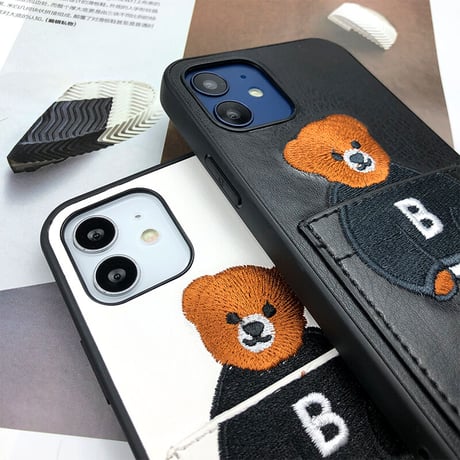 カード収納 iphone14Plus/13promaxケース 刺繡入りクマちゃんiphone12mini/11保護カバー  カップルお揃い 皮製 高品質[M2154]