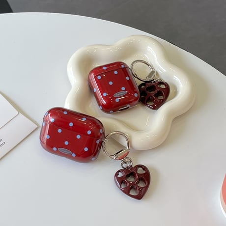 ワインレッド Airpods 4ケース 水玉模様 ハートキーホルダー Airpodspro2/proカバー Airpods第3/2世代 かわいい 女子力高い[M5069]