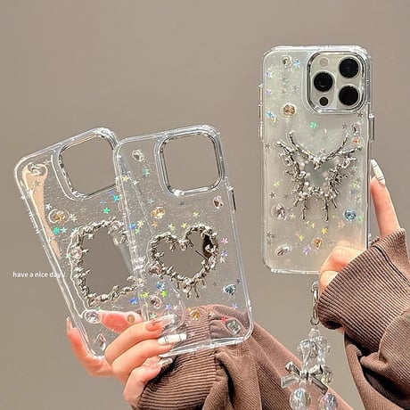 ダイヤ鏡 iPhone16pro/16ケース 宝石デコ iPhone15Pro/14/13proカバー キラキラストラップ付 おしゃれ [M4943]