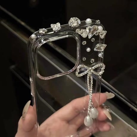 ハンドメイド iPhone16pro/16ケース ダイヤ ジュエリーリボンフリンジ iPhone14/13pro/12カバー 大人可愛い シック[M5203]