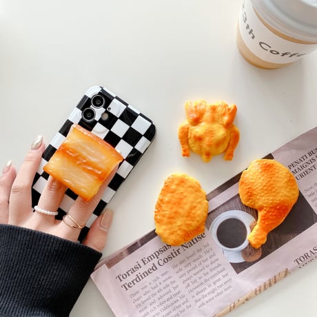 肉グリップ チェック柄iphone13/12proケース 丸鶏 鶏のもも 豚肉 アイフォン11/xsmaxカバー スマホリング スタンド機能付 M1181