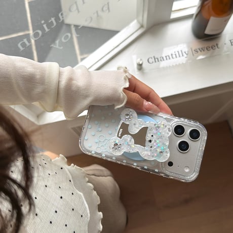 鏡を持ったクマちゃんグリップ iPhone17pro/17ケース MagSafe対応 iPhone16/15promax/14ケース かわいい 多機能便利[M6284]
