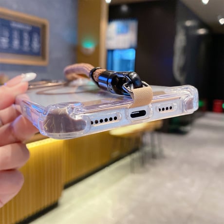 ストラップ付 iPhone16pro/17ケース Magsafe充電 スタンド付 iphone15pro/14pro/13カバー 透明 耐衝撃 [M5449]