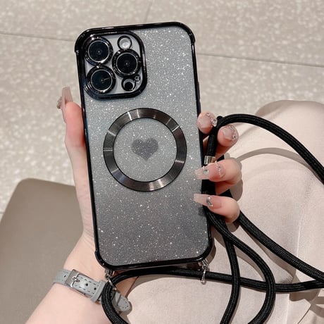 ショルダー iPhone16/15proケース MagSafe対応 ハート柄 キラキラ iphone 14/13/12カバー ラメいりシート付[M3574]
