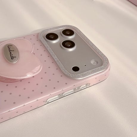 韓国っぽ iPhone17Pro/17ケース 水玉模様 ハートグリップ iPhone17ProMax/16Pro/15カバー スタンド機能 女子力高いピンク [M5903]