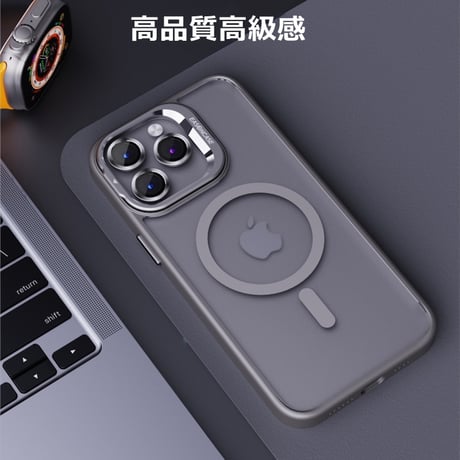指紋防止 Magsafeスタンド iPhone15pro/15promaxケース 強化ガラスレンズフィルム iphone14Pro/13/12ケース 高品質耐衝撃[M3750]
