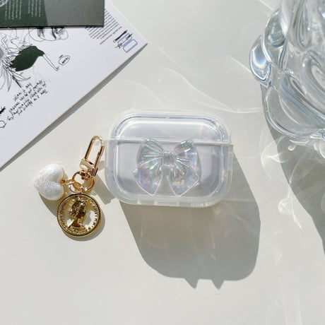 【Airpods4】キラキラリボン AirpodsPro2ケース ハートアクセサリー付 airpods3/2/1ケース  かわいい 耐衝撃クリアケース ギフトにおすすめ[M3073]
