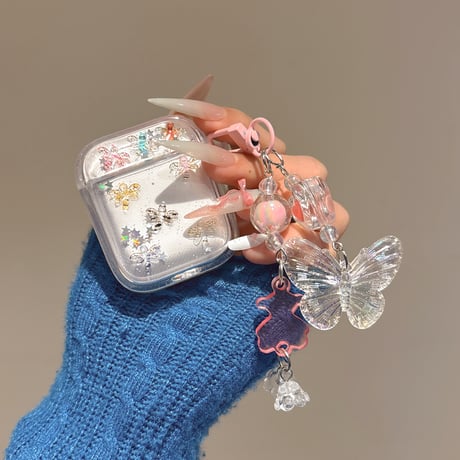 カゲロウ Airpods 4ケース 蝶キーチェーン付 かわいい Airpods3/Pro2ケース airpodsproカバー キラキララメ ギフトにおすすめ[M5226]