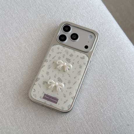 淡色系 iPhone17Pro/17ケース リボンデコ 草花柄 iPhone17ProMax/16Pro/15カバー キュート ガーリーファッション 韓国っぽ[M6083]