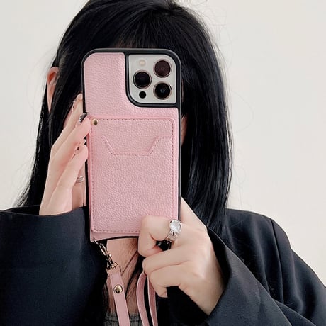 ICカード収納 ミラー iPhone14/14proケース 革製 ショルダー アイフォン13/12/SE3カバー シンプル風  実用 [M2283]