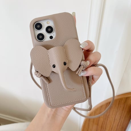 象カードポケット iPhone15/14proケース レザー製 肩掛け紐付き iPhone13mini/12カバー  スタンド付 多機能便利 かわいい[M3437]