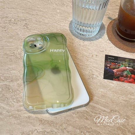 抹茶グリーン暈し染め iPhone13/14カバー Happy高級感 iphone12pro/11ケース  可愛い 透明感 頑丈 波紋枠 落下防止 [M2881]