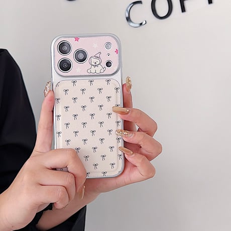 リボン柄 iPhone17Pro/17ケース ワンちゃんカメラカバー iPhone17Promax/16Pro/15ケース 皮っぽ かわいい[M6133]